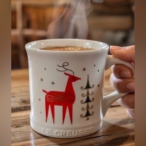 Le Creuset Holiday Mug Limited Edition with Red Reindeer and Gold Trees